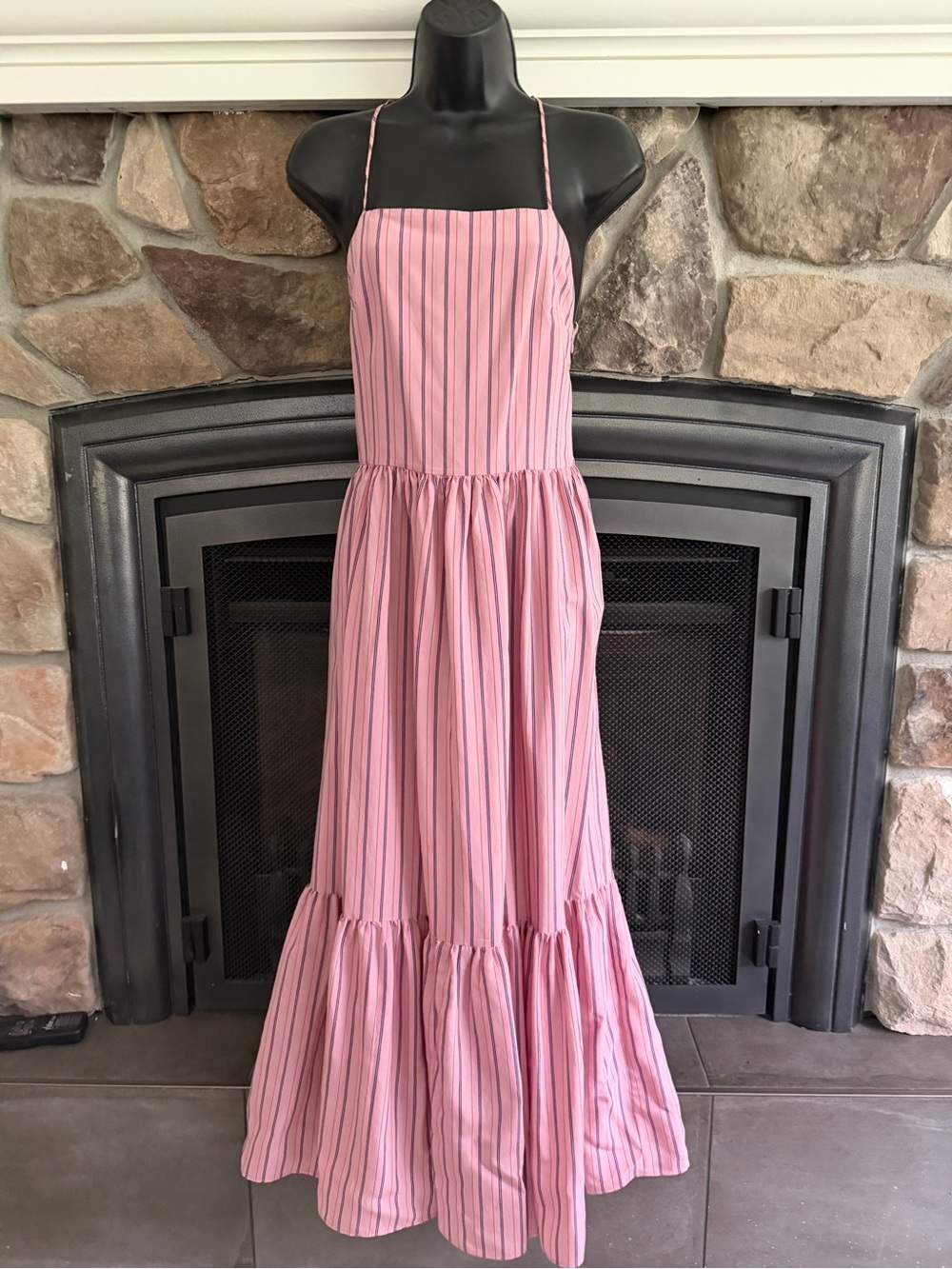 Zara Pink Striped Halter Dress with Navy and green Accents